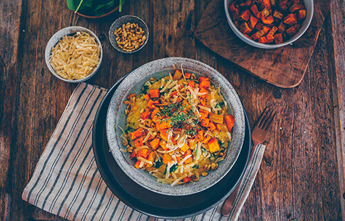 Kürbisrisotto mit Ingwer und Spinat